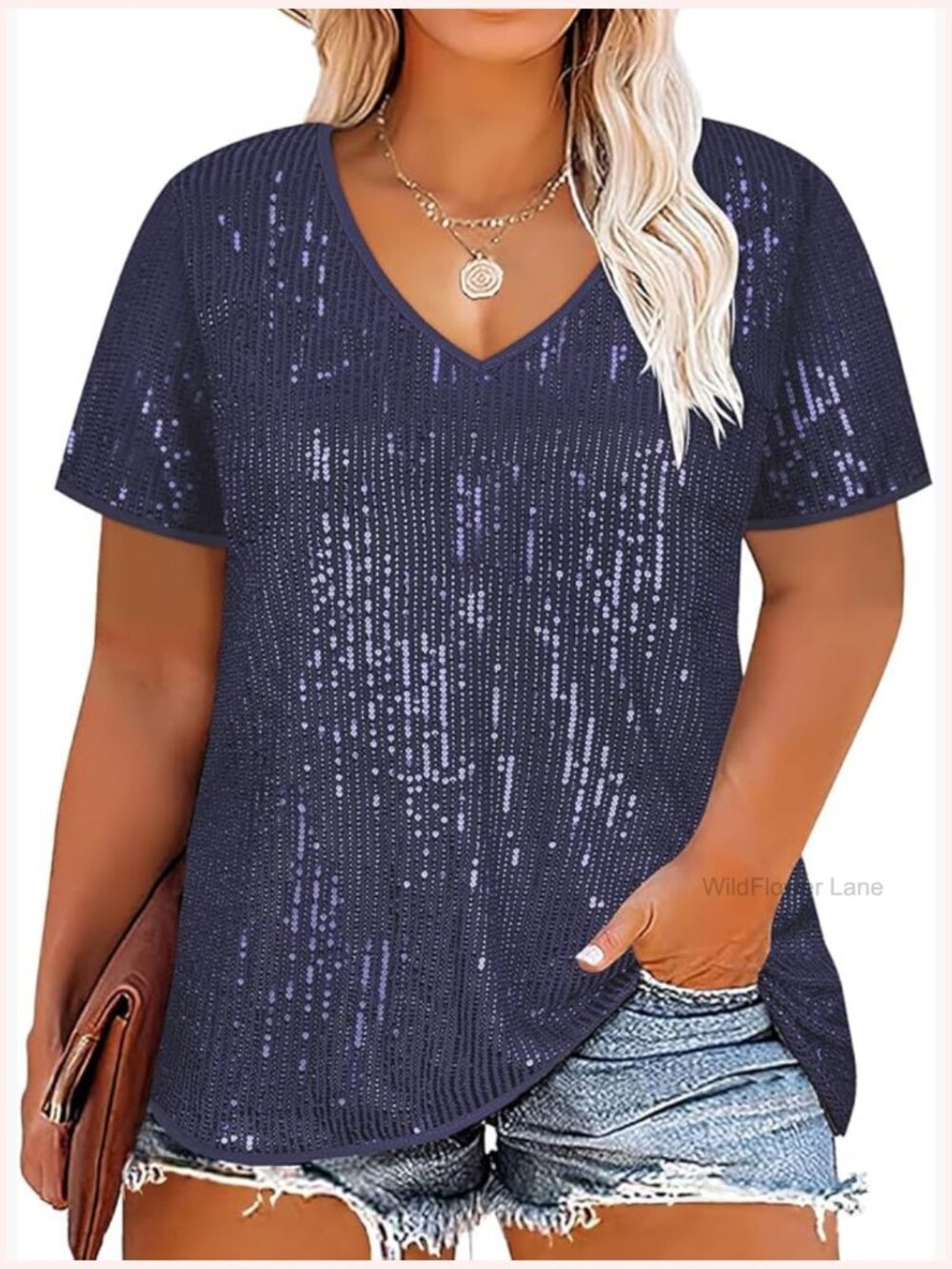 Plus Size Sequin Top V-Neck Short Sleeve Tunic Blouse Sparkly Party Shirt Loose